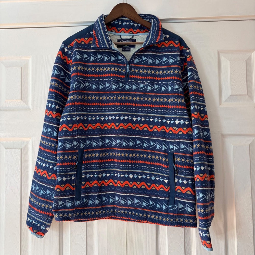 Chubbies Medium Southwestern Geometric Quilted Quarter Zip Pullover Blue‎ EUC